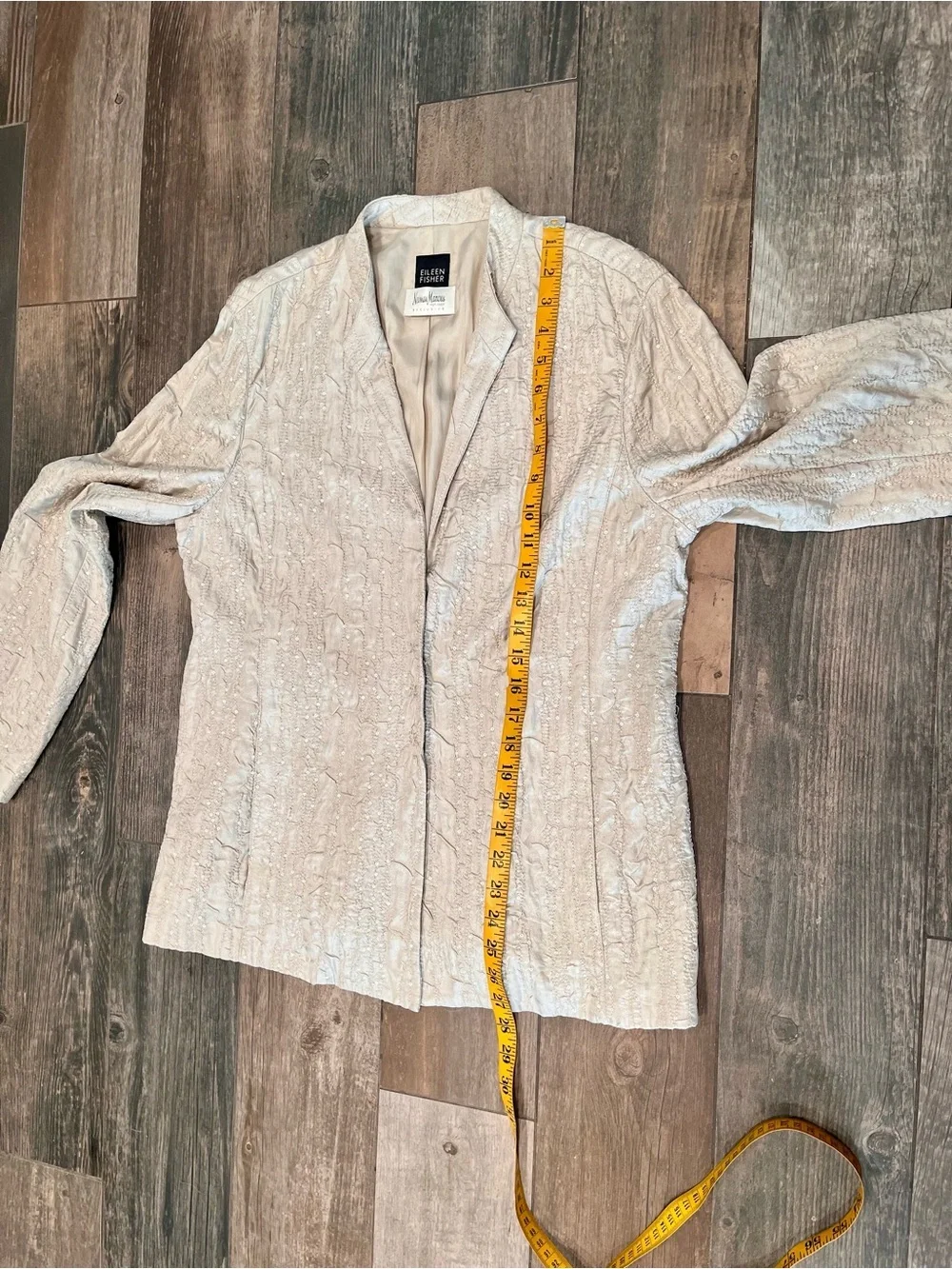 Eileen Fisher Neiman Marcus Crinkle Jacket Sz M 100% Silk Sequins Pockets Gold